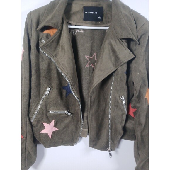 Olivaceous Olive Green Faux Suede Star Moto Jacket Size L EUC Zip Pockets Edgy - Picture 5 of 10